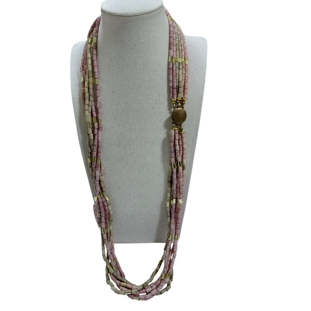 Vtg Multi-Strand Pink Beige Beaded Necklace Gold-Tone Accents Secure Clasp 28"